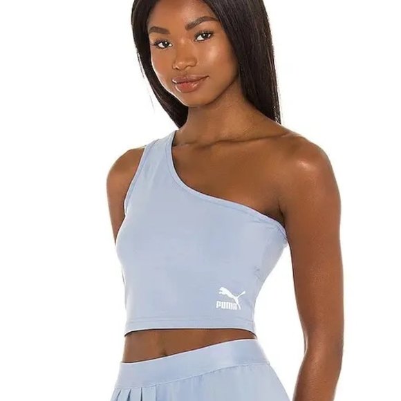 NWT PUMA WOMEN Classics Asymmetric Bandeau Crop Top in forever Blue Athleisure - Picture 5 of 14